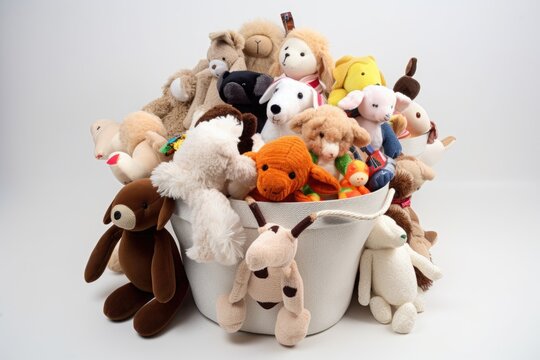 pet toy basket overflowing with plush toys, ropes and puzzles, created with generative ai