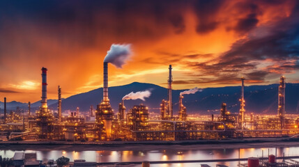 Plakat Industrial view at oil refinery plant form industry zone with cloudy sky, Generative AI