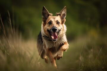 Naklejka na ściany i meble portrait of happy dog running in green field, with its tongue out and ears flying, created with generative ai