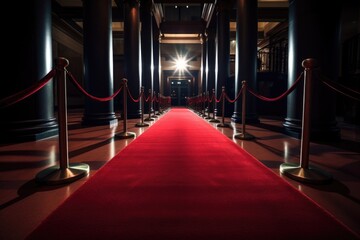 a red carpet leading to a grand entrance, such as a gala or award show, created with generative ai