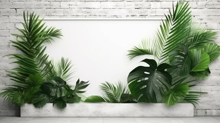 Tropical green leaves for decoration of art frame wallpaper,card on white wall background.Generative Ai	