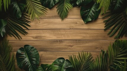 Tropical green leaves for decoration of art frame wallpaper,card on wooden background.Generative Ai	