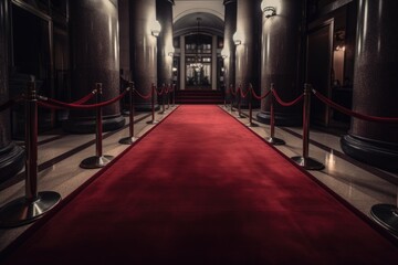 red carpet rolling out onto the grand entrance of movie premiere, created with generative ai