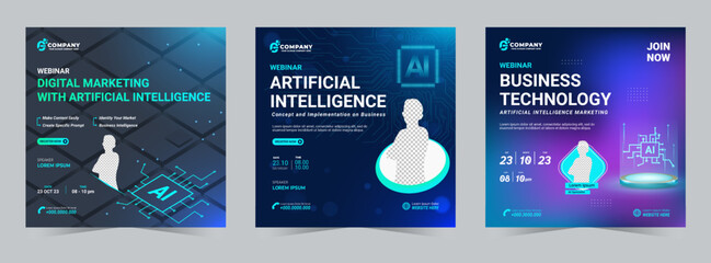 Webinar business marketing technology how to use artificial Intelligence (AI). Set of webinar business for social media post. Modern poster suitable for business webinars, marketing webinars