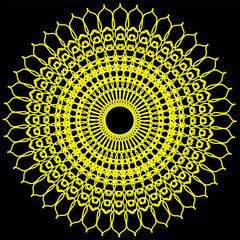Golden mandala in the form of an abstract pattern located in a circle on a black background