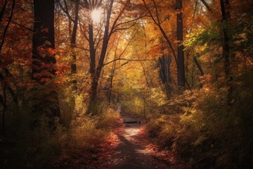 forest trail with colorful leaves and golden sunlight streaming through the trees, created with generative ai