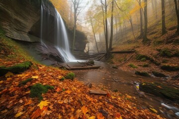 majestic waterfall in autumn forest with misty veil, created with generative ai