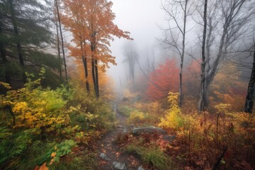Fototapeta premium autumn forest hike with colorful foliage and mist in the air, created with generative ai