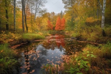 autumn forest hike with colorful foliage and peaceful pond, created with generative ai