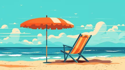 Zelfklevend Fotobehang Tranquil Shore, Beach Relaxation with deckchair and umbrella. Generative AI © SALMA