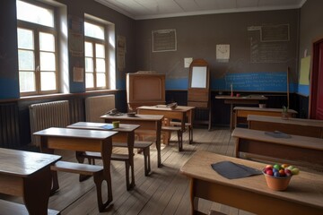 Fototapeta premium traditional classroom with wooden desks and chalkboard, ready for the school year, created with generative ai