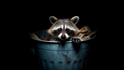raccoon scavenging for food in the trash, its eyes shining in the darkness, Generative AI - obrazy, fototapety, plakaty