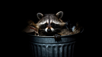 raccoon scavenging for food in the trash, its eyes shining in the darkness, Generative AI - obrazy, fototapety, plakaty
