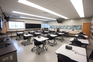 modern classroom full of technology and modern learning tools, including projectors, laptops and whiteboards, created with generative ai