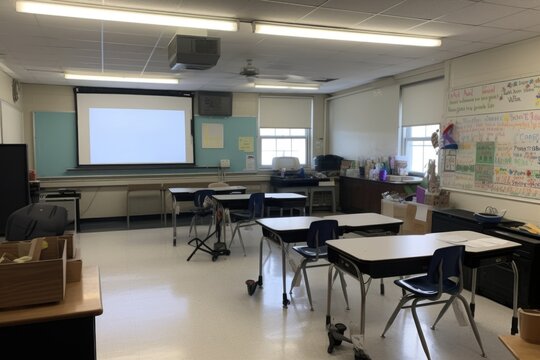 empty classroom with smartboard and projector setup, created with generative ai
