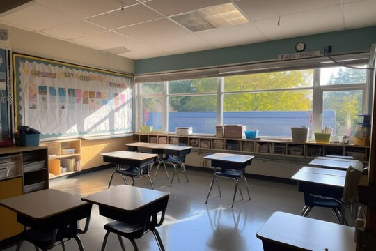empty classroom setup with a view of the outside world, showing the students what they can expect to see on their first day, created with generative ai