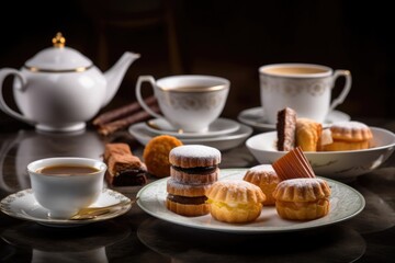 Obraz na płótnie Canvas classic french pastries from the finest patisserie, served with steaming cup of coffee, created with generative ai