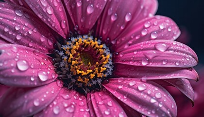 Close-up shot of a flower petal adorned with water droplets. Generative AI.