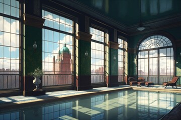 swimming pool in grand hotel, with view of the city skyline visible through the windows, created with generative ai