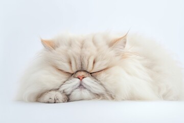 Medium shot portrait photography of a funny persian cat sleeping against a white background. With generative AI technology
