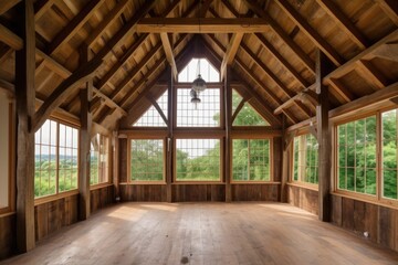 Fototapeta na wymiar barn with towering windows, bringing in natural light and providing stunning views, created with generative ai