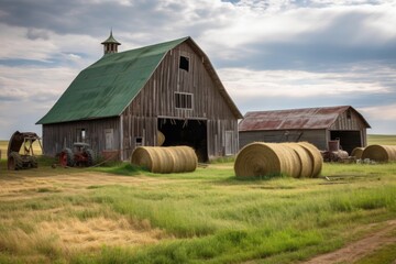 rustic barn with hay bales and farm equipment, surrounded by windblown fields, created with generative ai