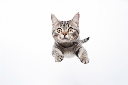 Group portrait photography of a curious american shorthair cat jumping against a white background. With generative AI technology