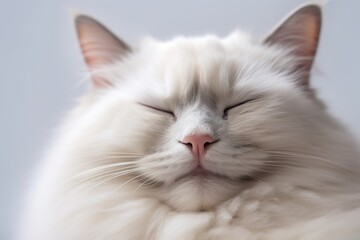 Fototapeta premium Lifestyle portrait photography of a smiling ragdoll cat sleeping against a white background. With generative AI technology