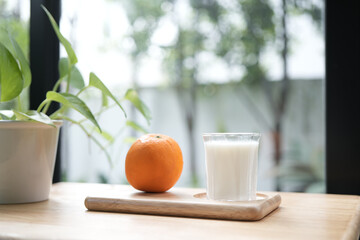 Oranges and milk in a glass cup with plant pot on wooden table indoor