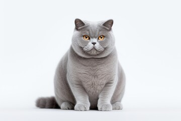 Obraz premium Full-length portrait photography of a happy british shorthair cat crouching against a white background. With generative AI technology