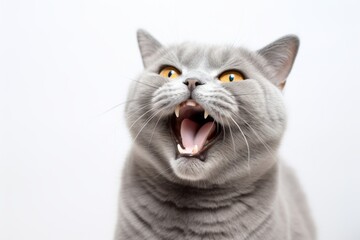 Fototapeta premium Full-length portrait photography of a smiling british shorthair cat growling against a white background. With generative AI technology