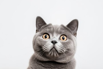 Environmental portrait photography of a curious british shorthair cat begging for food against a white background. With generative AI technology