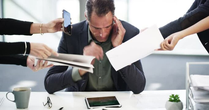 Paperwork, phone call and stressed businessman in office multitasking with colleagues. Deadline, digital tablet and professional male manager with documents and cellphone from employees in workplace.