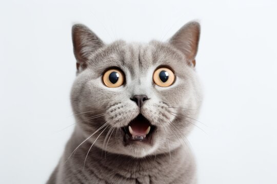 Conceptual portrait photography of a cute british shorthair cat murmur meowing against a white background. With generative AI technology