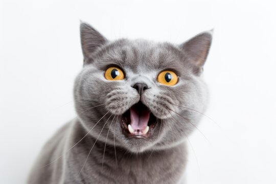 Conceptual portrait photography of a cute british shorthair cat murmur meowing against a white background. With generative AI technology