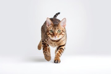 Full-length portrait photography of a funny bengal cat playing against a white background. With generative AI technology