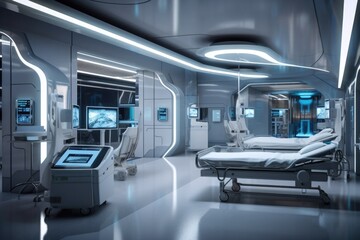 a futuristic hospital ward, with robotic equipment and cutting-edge treatments available to patients, created with generative ai