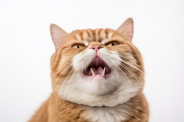 Lifestyle portrait photography of a smiling exotic shorthair cat murmur meowing against a white background. With generative AI technology