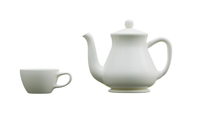 white porcelain tea pot and hot tea cup 3D rendering