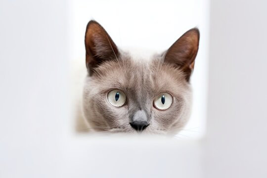Medium shot portrait photography of a curious burmese cat wall climbing against a white background. With generative AI technology