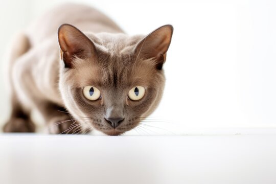 Lifestyle portrait photography of a cute burmese cat scratching against a white background. With generative AI technology