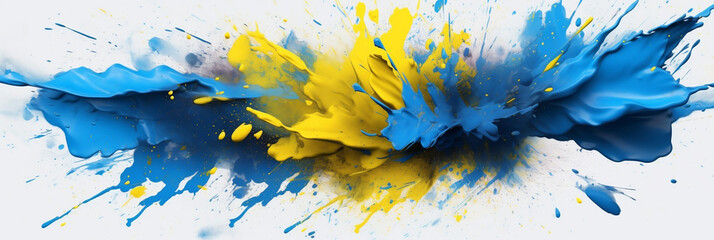 Paint spray spalsh blot in ukrainian blue and yellow colors, banner, generative AI