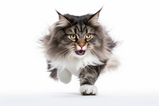 Full-length portrait photography of a smiling norwegian forest cat sprinting against a white background. With generative AI technology