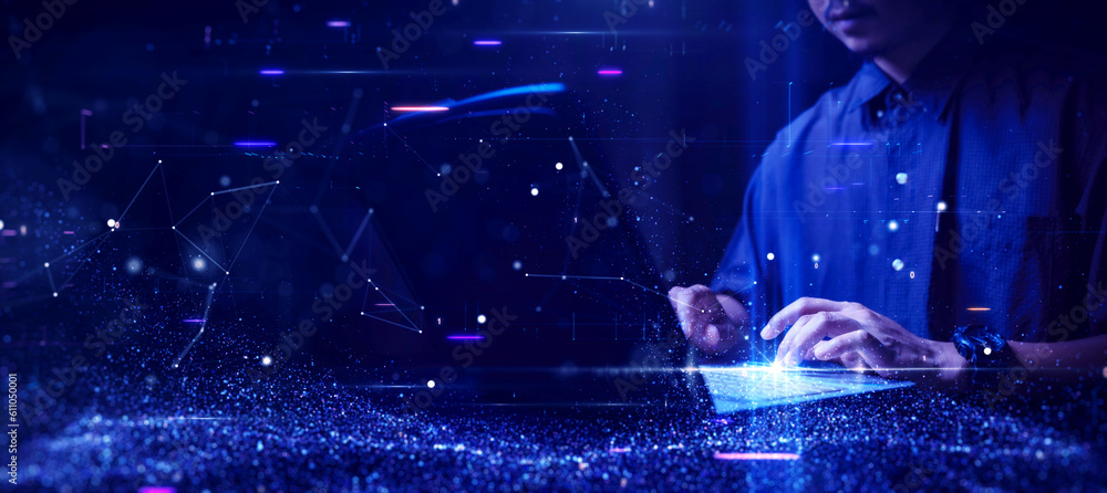 Leinwandbilder digital information technology concept. man use cybersecurity computers to protect against online th