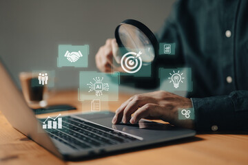 Magnifying glass focus for competitive analysis, creative, idea, innovation, motivation planning development leadership and Business analysis