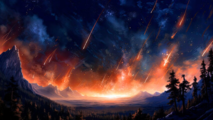 backdrop filled with fiery meteors hurtling through space, leaving trails of brilliant light in their wake, Generative AI
