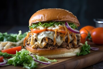 juicy burger on fluffy bun, topped with gooey cheese and fresh veggies, created with generative ai
