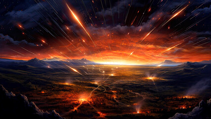 backdrop filled with fiery meteors hurtling through space, leaving trails of brilliant light in their wake, Generative AI