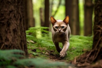 Naklejka na ściany i meble Full-length portrait photography of a cute burmese cat hopping against a forest background. With generative AI technology