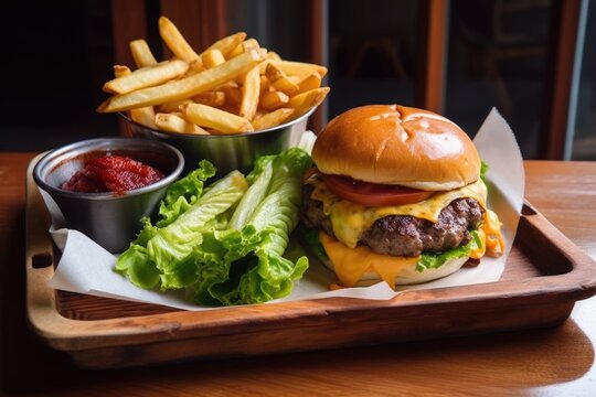 memorable burger and fries combo with special sauce, cheese, and veggies, created with generative ai